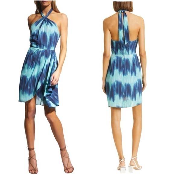 TOCCIN Pleated Faux Wrap Blue Ombre Tye Dye Sarong Halter Mini Dress Size 4 NEW - Picture 2 of 10